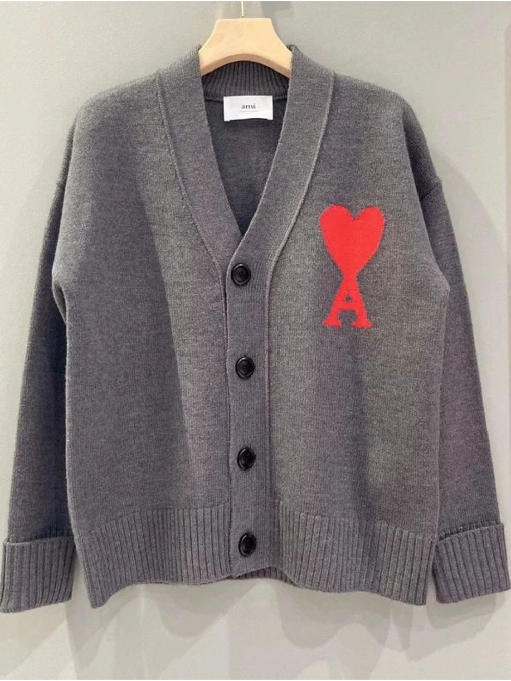 Ami Gray Cardigan with Red Heart A Patch